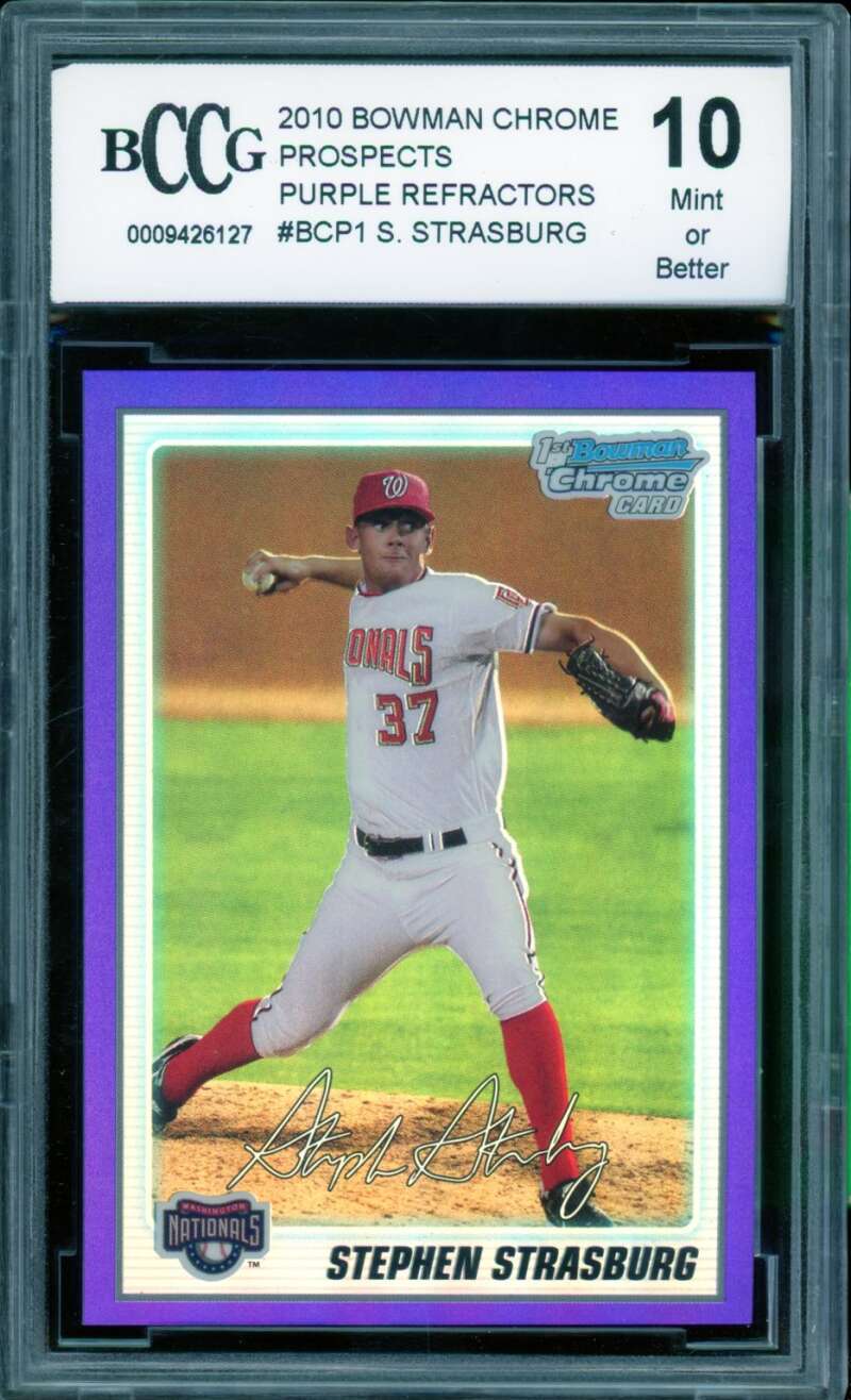 Stephen Strasburg Rookie 2010 Bowman Chrome Purple Refractors #BCP1 BGS BCCG 10 Image 1