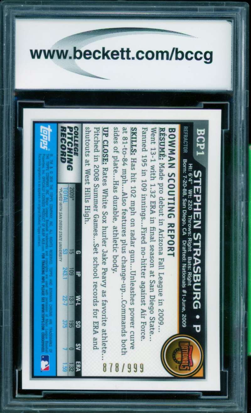 Stephen Strasburg Rookie 2010 Bowman Chrome Purple Refractors #BCP1 BGS BCCG 10 Image 2