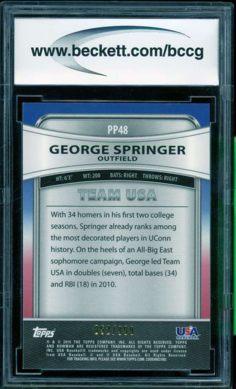 George Springer Rookie 2010 Bowman Platinum Prospect Thick Ref #Pp48 BGS BCCG 10 Image 2