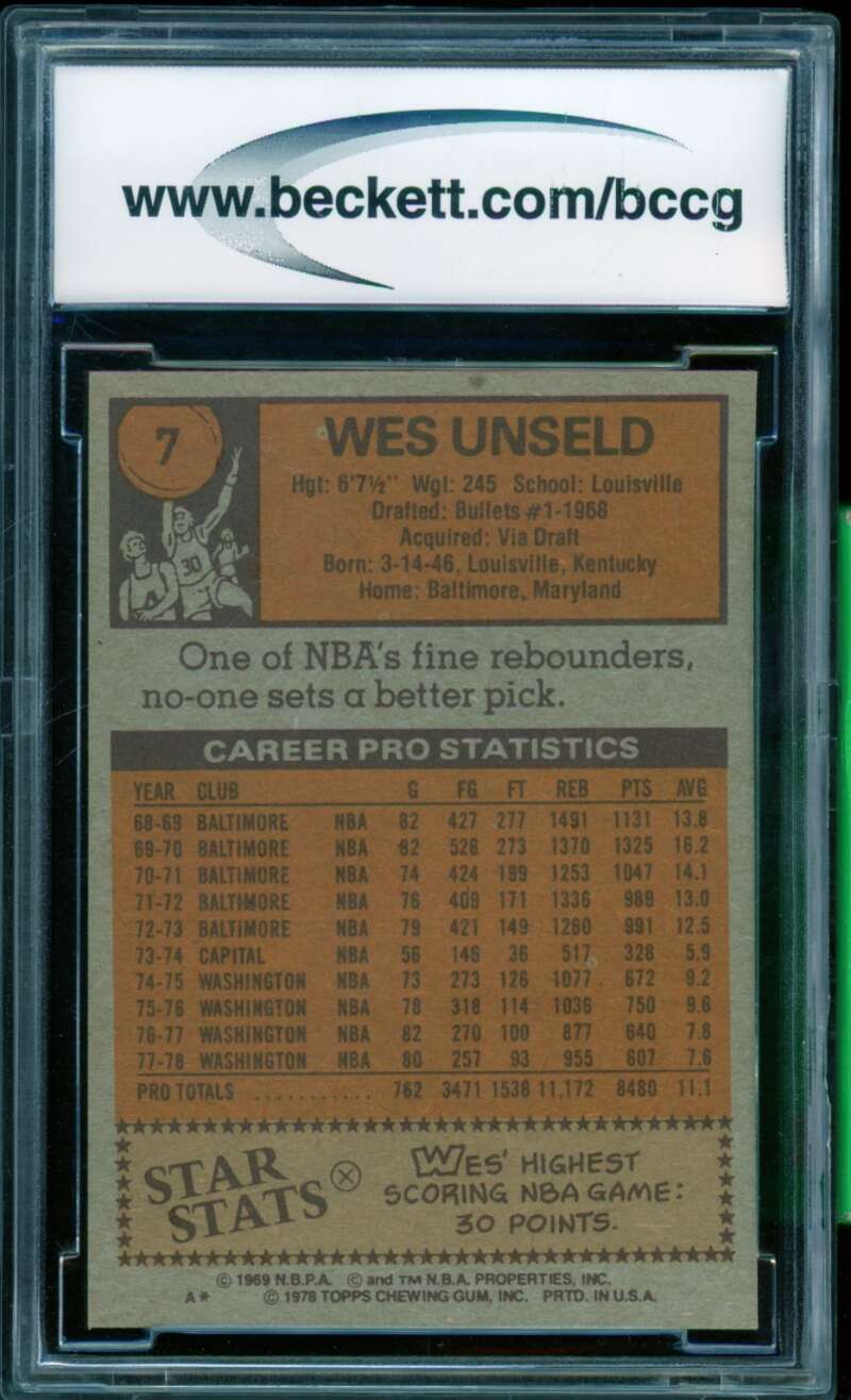 Wes Unseld Card 1978-79 Topps #7 BGS BCCG 10 Image 2