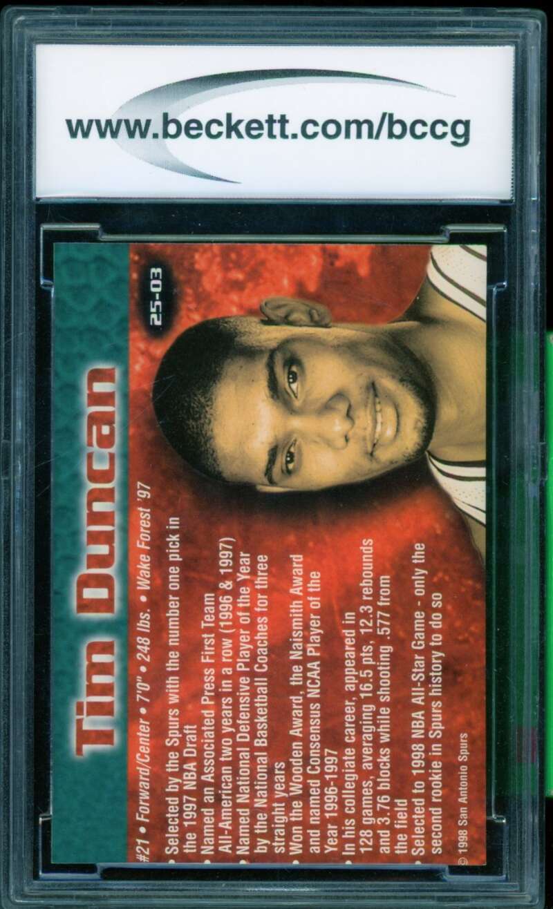 Tim Duncan Card 1998-99 San Antonio Spurs 25th Anniversary #25-03 BGS BCCG 10 Image 2