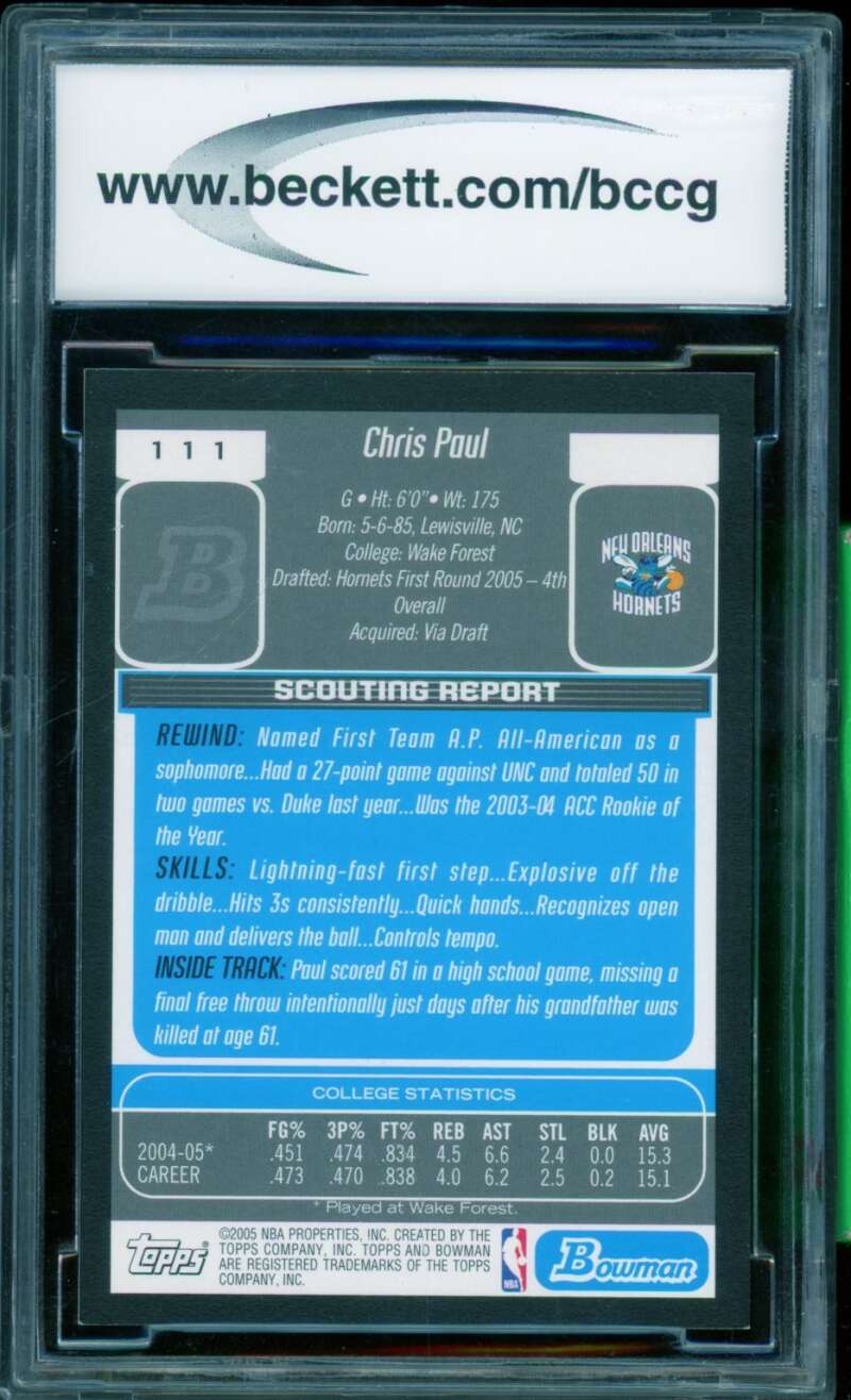Chris Paul Rookie Card 2005-06 Bowman #111 BGS BCCG 9 Image 2