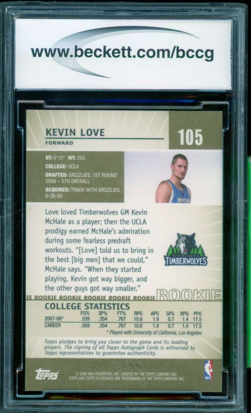 Kevin Love Rookie Card 2008-09 Topps Co-Signers Gold #105 (71/99) BGS BCCG 10 Image 2