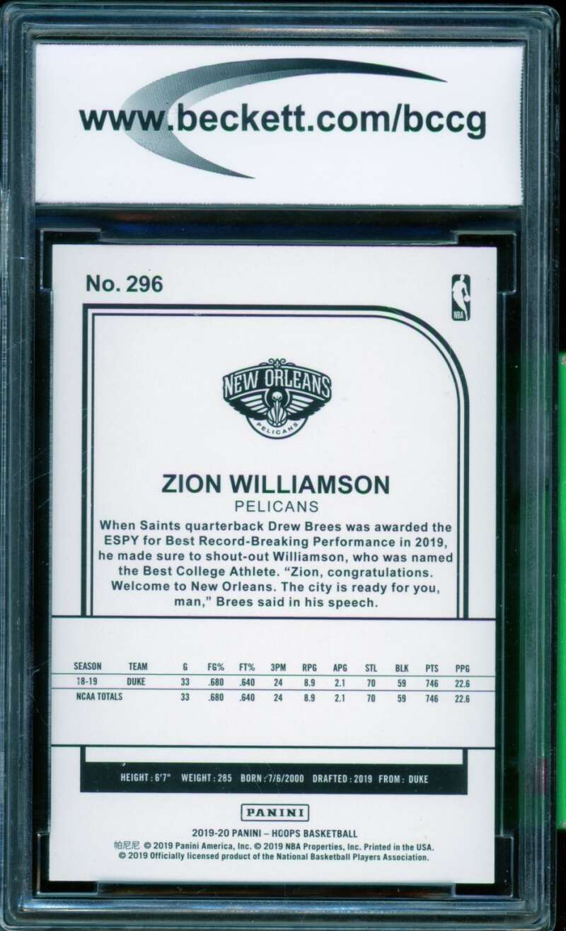 Zion Williamson Rookie Card 2019-20 Hoops #296 BGS BCCG 10 Image 2
