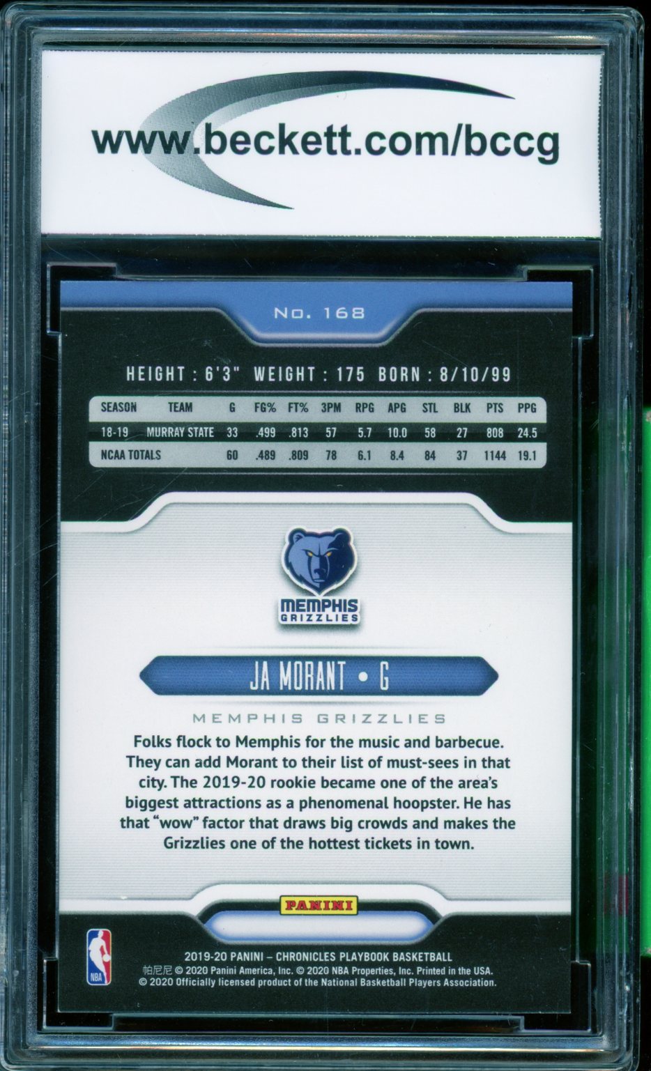 Ja Morant Rookie Card 2019-20 Panini Chronicles Playbook #168 BGS BCCG 10 Image 2