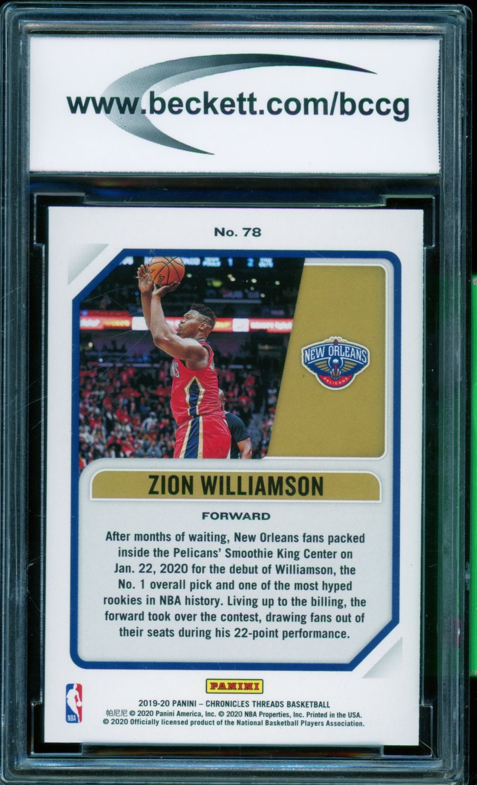 Zion Williamson Rookie Card 2019-20 Panini Chronicles Pink #78 BGS BCCG 10 Image 2