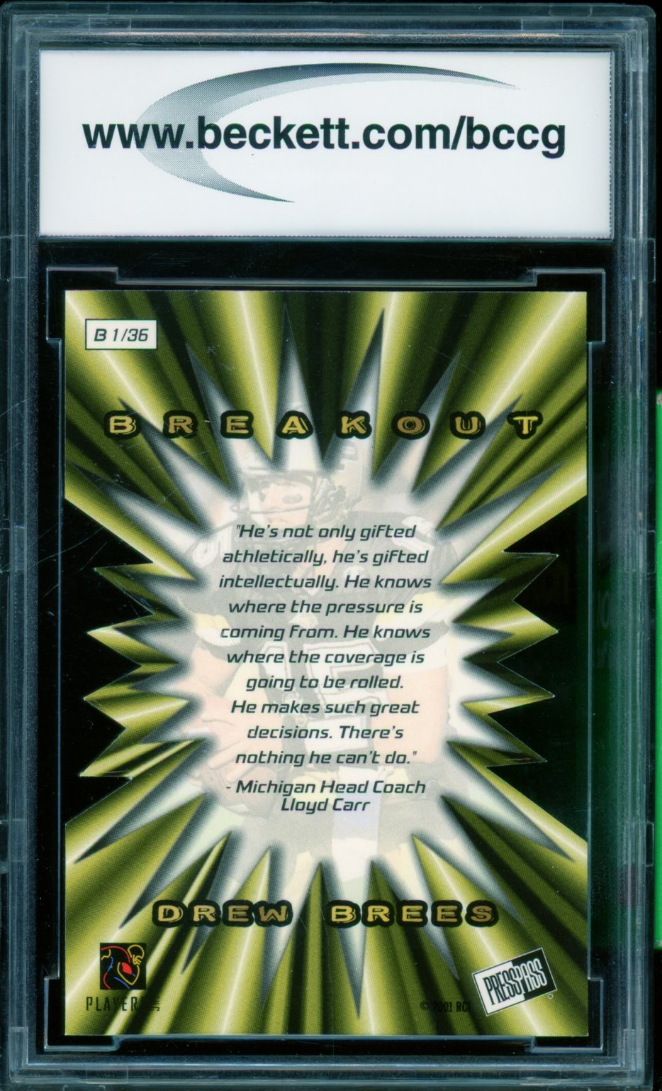 Drew Brees Rookie Card 2001 Press Pass #B1 BGS BCCG 9 Image 2