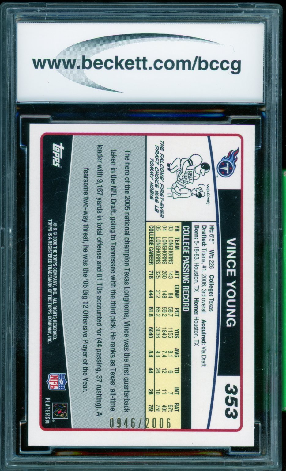 Vince Young Rookie Card 2006 Topps Gold #353 BGS BCCG 10 Image 2