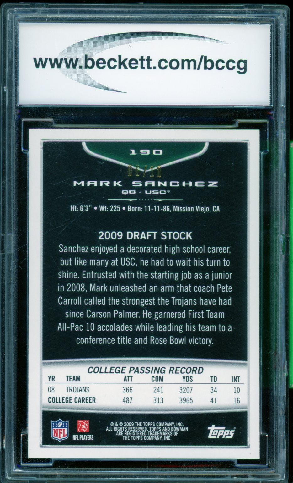 Mark Sanchez Rookie Card 2009 Bowman Draft Gold (6/10) #190 BGS BCCG 10 Image 2