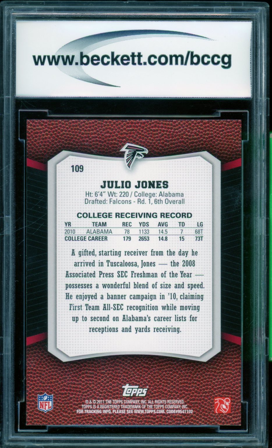 Julio Jones Rookie Card 2011 Topps Rising Rookies #109 BGS BCCG 10 Image 2
