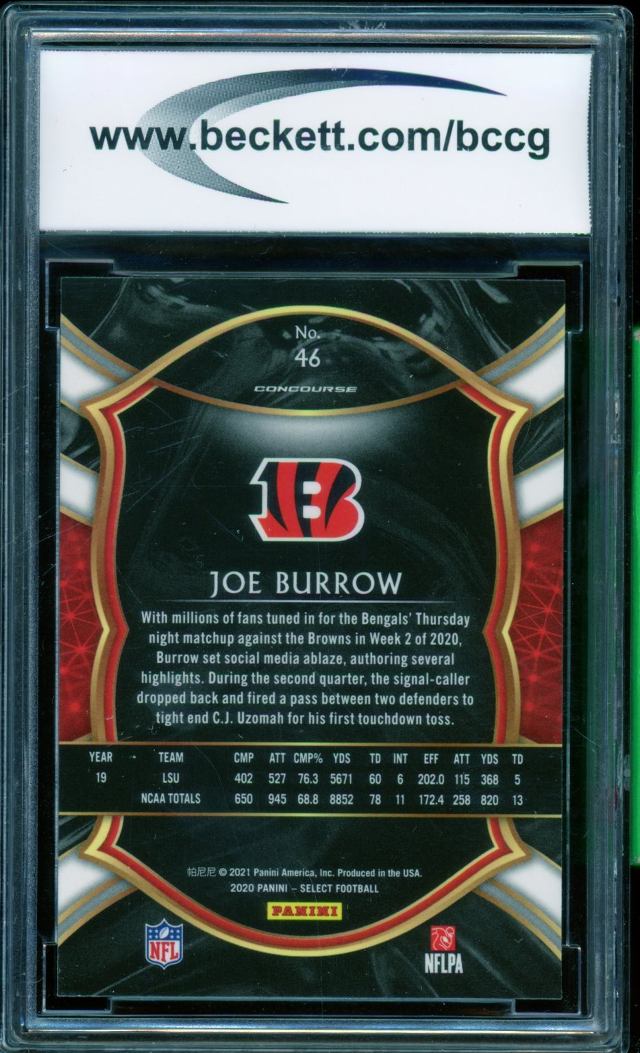 Joe Burrow Rookie Card 2020 Select #46 BGS BCCG 10 Image 2