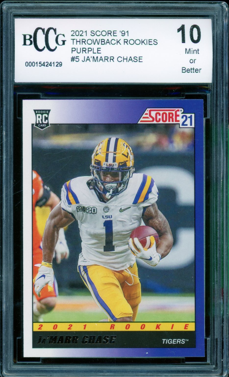 Ja'Marr Chase Rookie Card 2021 Score 91 Throwback Purple #5 BGS BCCG 10 Image 1