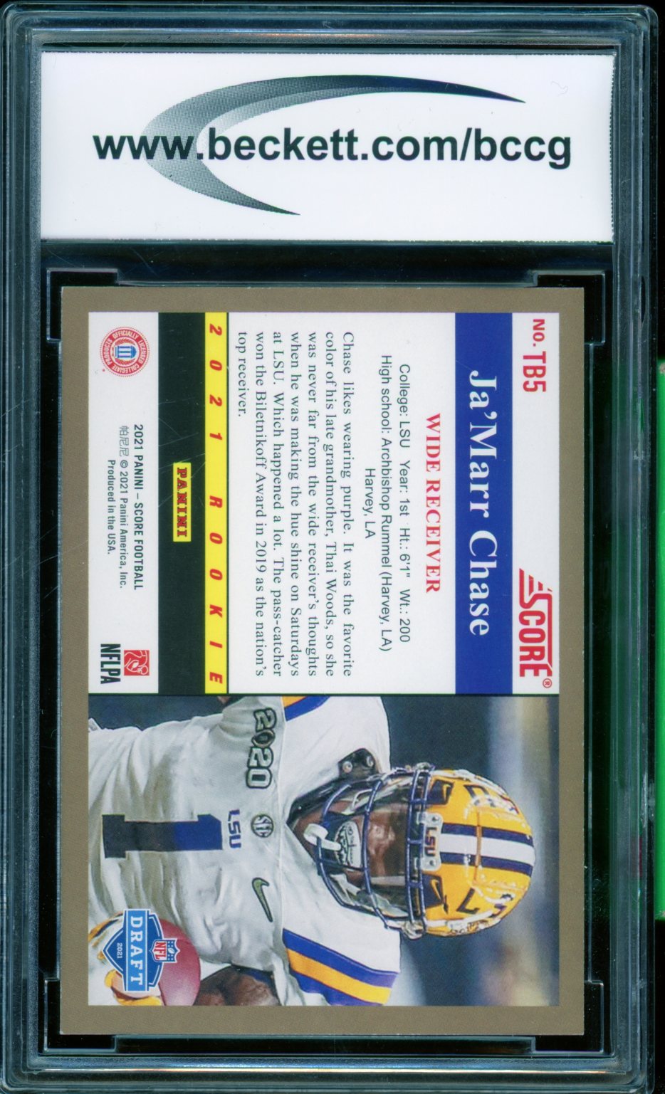Ja'Marr Chase Rookie Card 2021 Score 91 Throwback Purple #5 BGS BCCG 10 Image 2