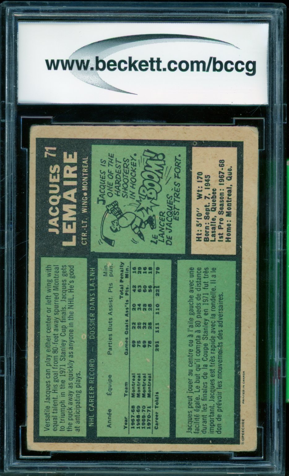 Jacques Lemaire Card 1971-72 O-Pee-Chee #71 BGS BCCG 7 Image 2