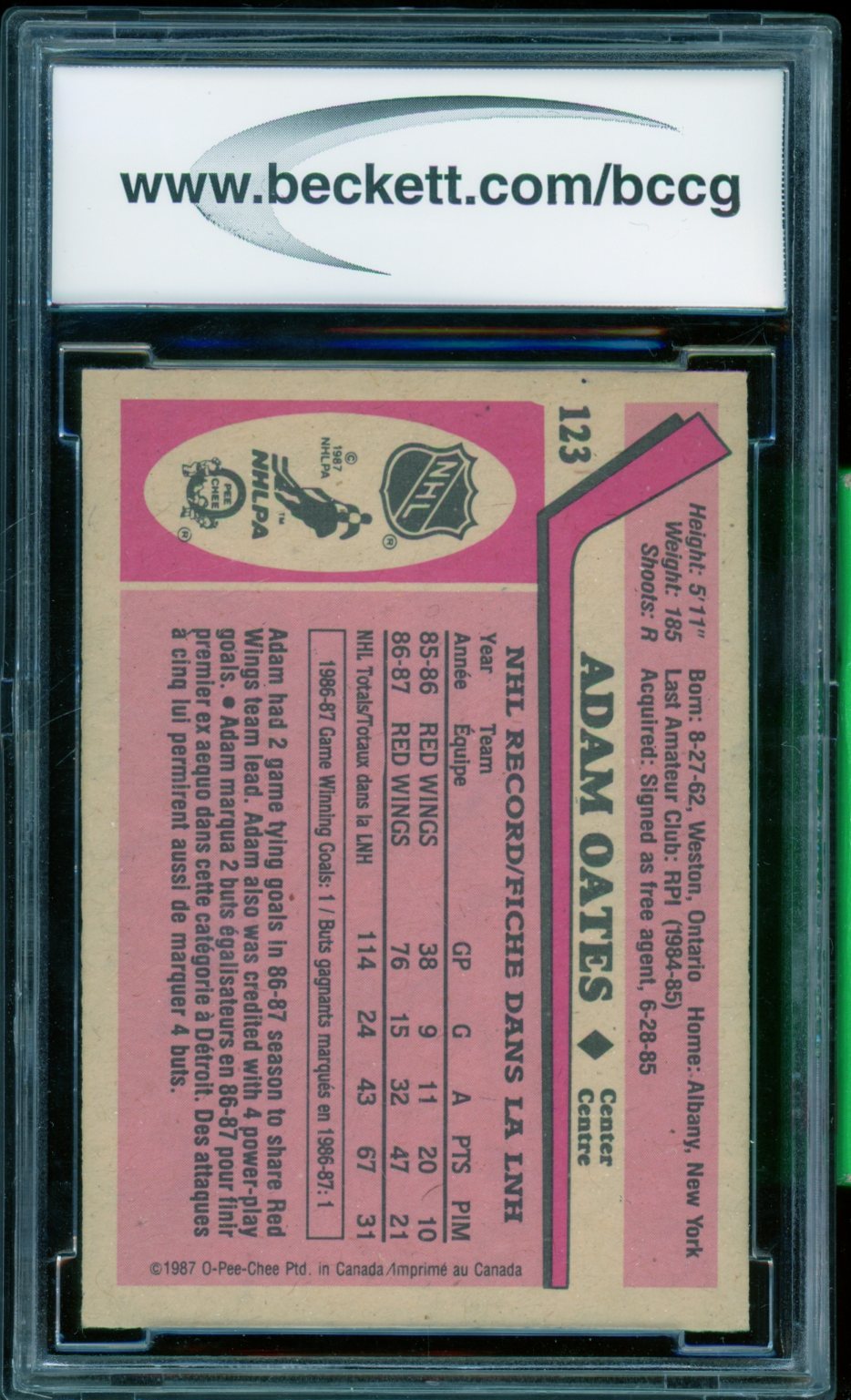 Adam Oates Rookie Card 1987-88 O-Pee-Chee #123 BGS BCCG 9 Image 2