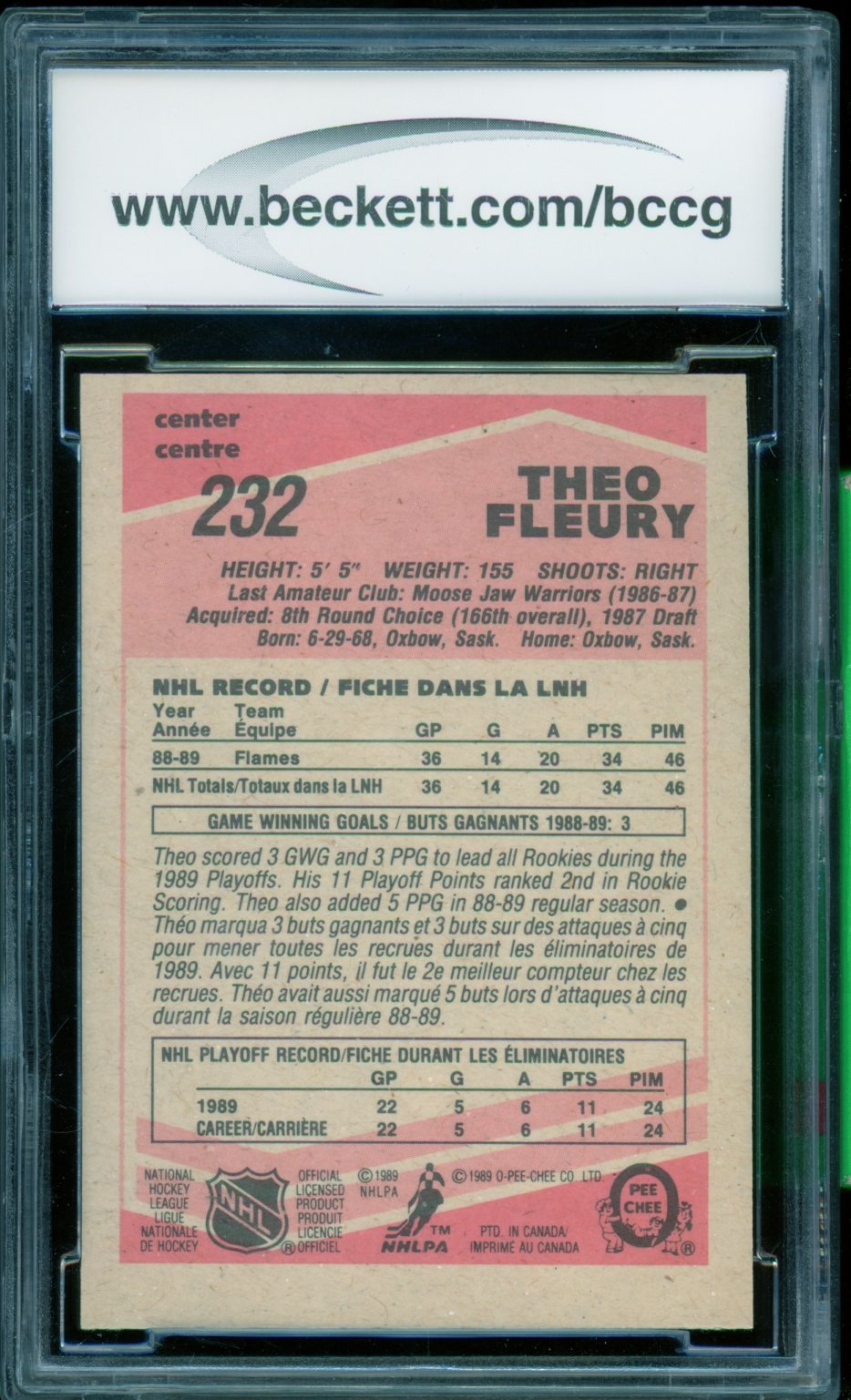 Theo Fleury Rookie Card 1989-90 O-Pee-Chee #232 BGS BCCG 9 Image 2