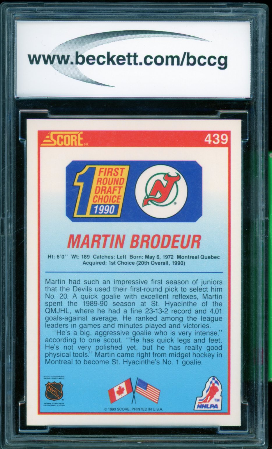 Martin Brodeur Rookie Card 1990-91 Score #439 BGS BCCG 10 Image 2