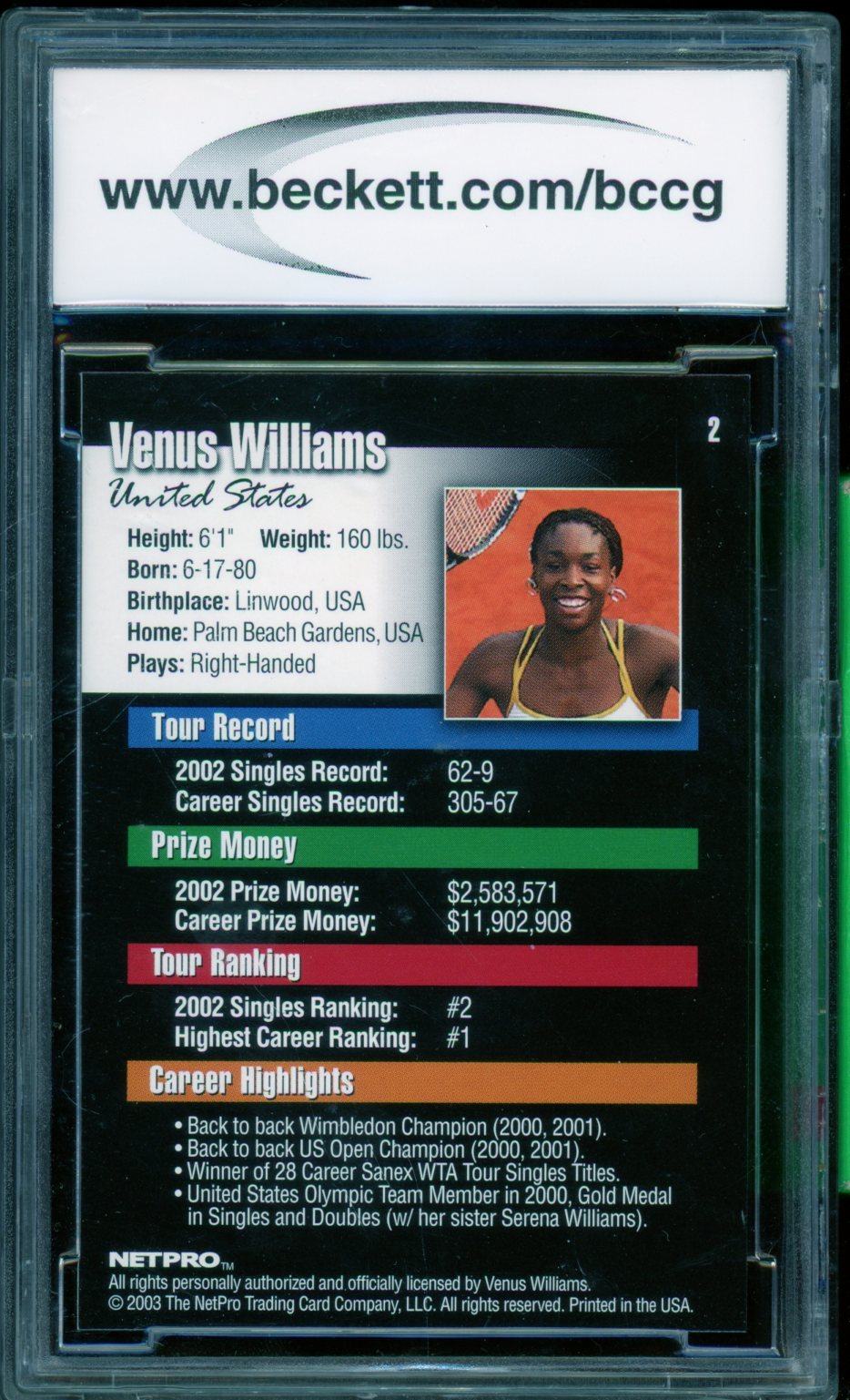 Venus Williams Tennis Rookie Card 2003 Netpro #2 BGS BCCG 10 Image 2