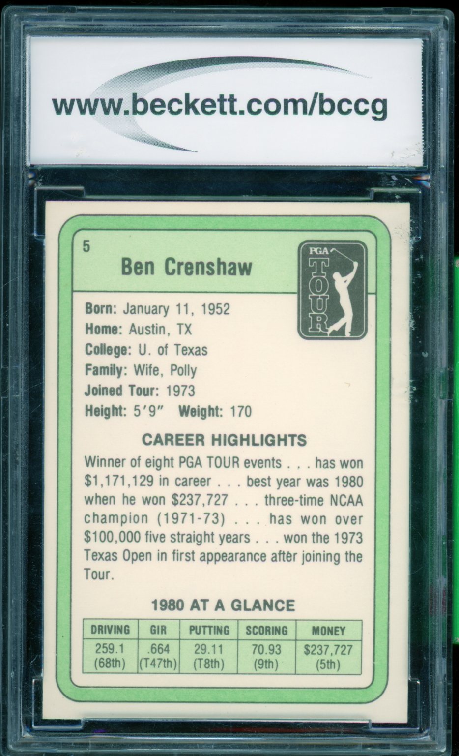 Ben Crenshaw Golf Rookie Card 1981 Donruss #5 BGS BCCG 9 Image 2