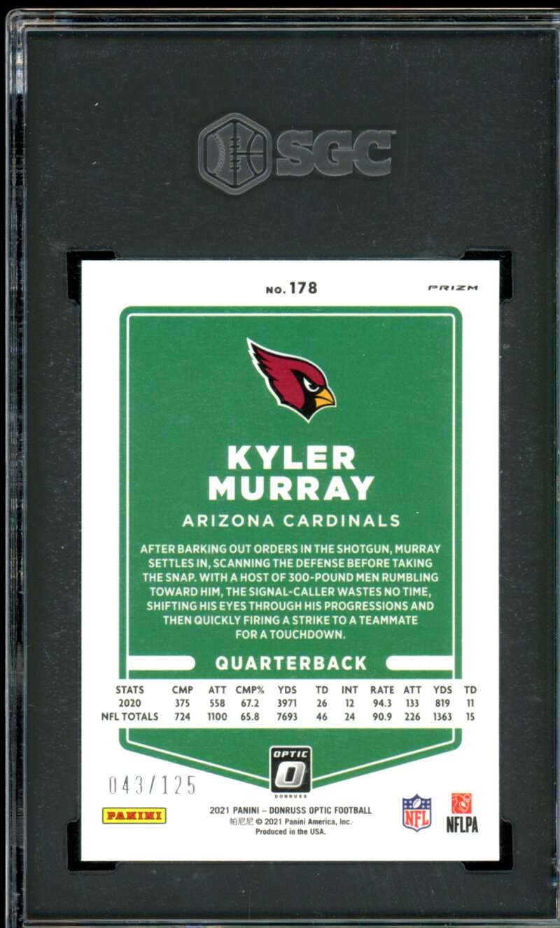Kyler Murray Card 2021 Donruss Optic Silver Circles (43/125) #178 SGC 10 Image 2