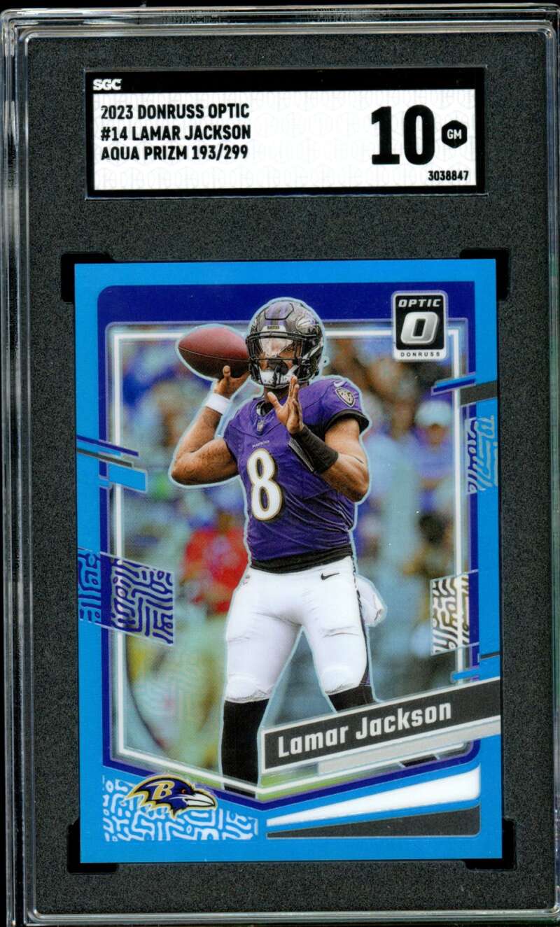 Lamar Jackson Card 2023 Donruss Optic Aqua Prizm (193/299) #14 SGC 10 Image 1