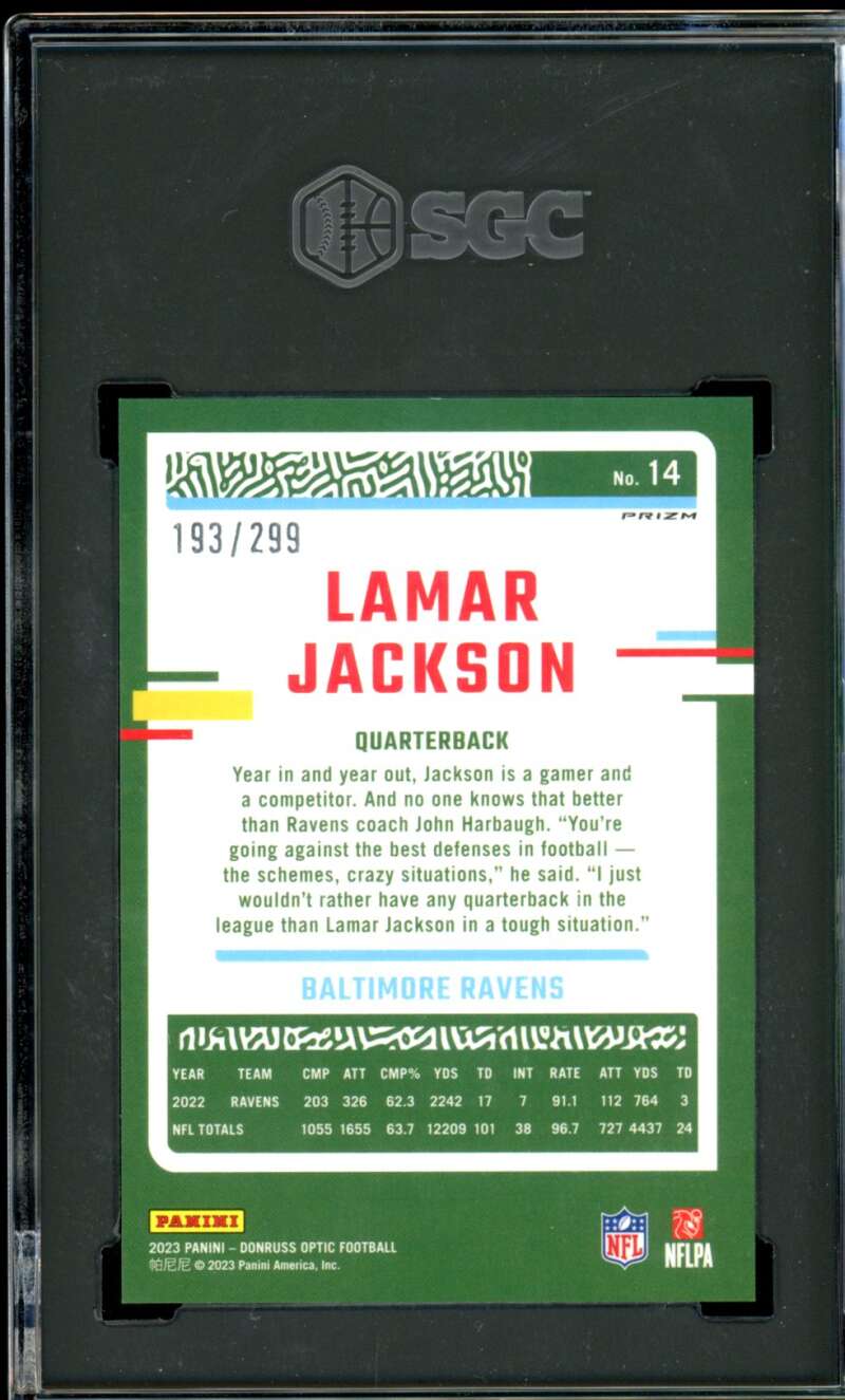 Lamar Jackson Card 2023 Donruss Optic Aqua Prizm (193/299) #14 SGC 10 Image 2