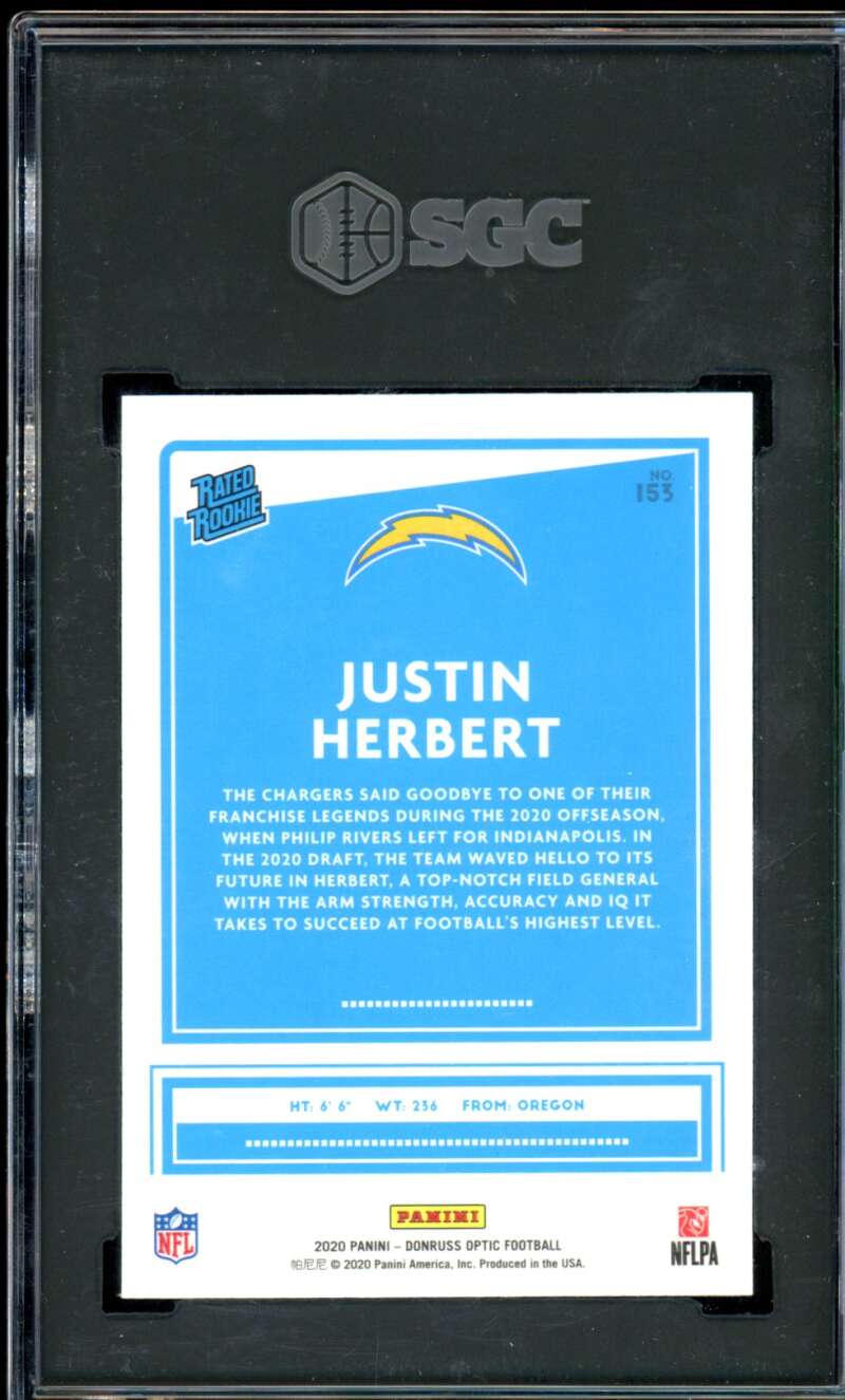 Justin Herbert Rookie Card 2020 Donruss Optic #153 SGC 10 Image 2