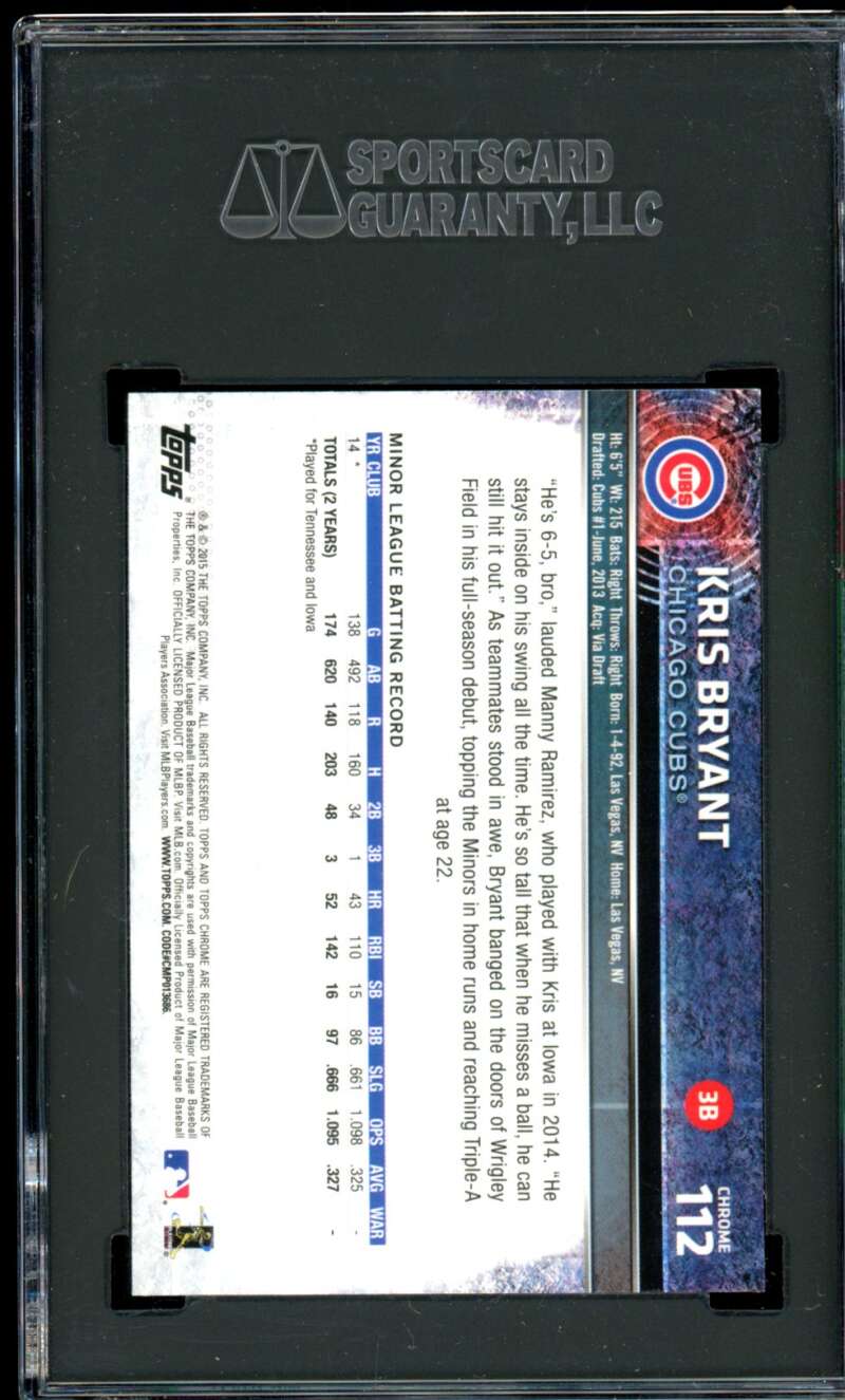 Kris Bryant Rookie Card 2015 Topps Chrome #112 SGC 10 Image 2