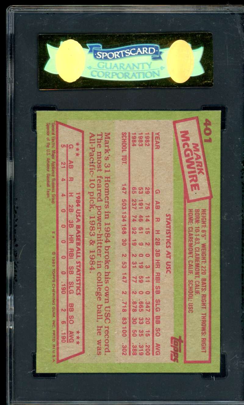 Mark McGwire Rookie Card 1985 Topps #401 SGC 8 Image 2