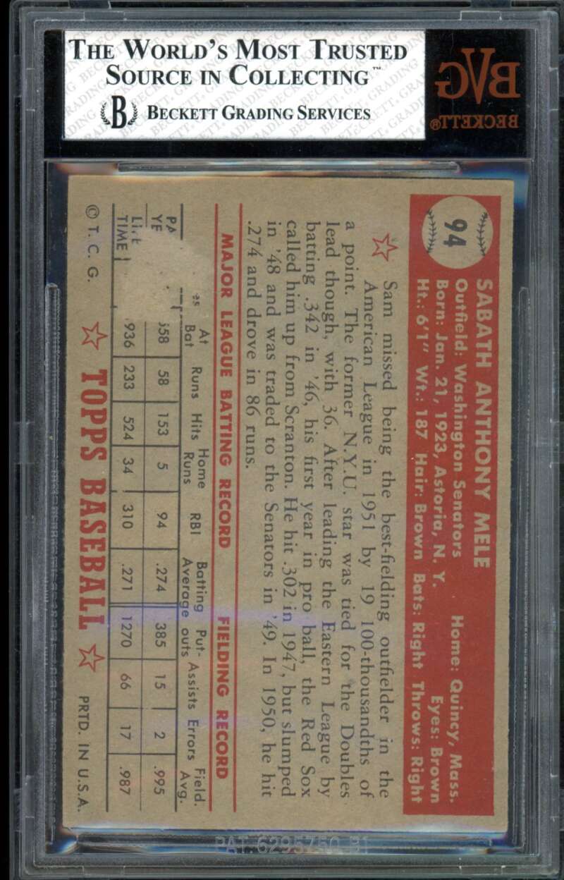 Sam Mele Card 1952 Topps #94 BGS BVG 2 Image 2