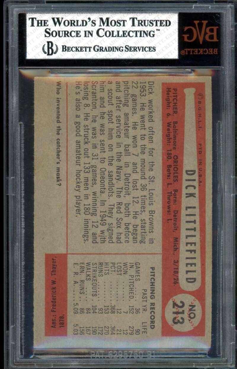 Dick Littlefield Card 1954 Bowman #213 BGS BVG 6 Image 2