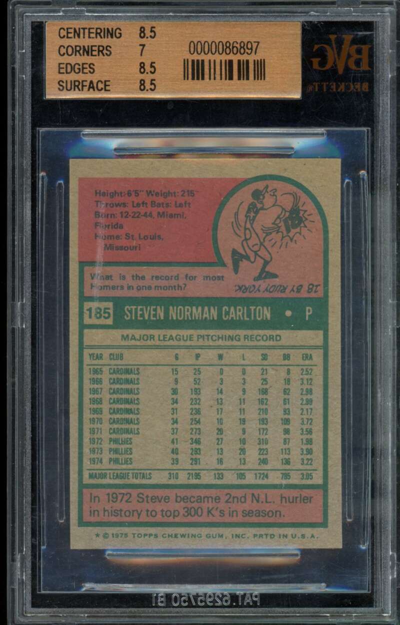 Steve Carlton Card 1975 Topps Mini #185 BGS BVG 7.5 Image 2