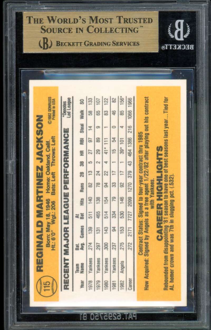 Reggie Jackson Card 1983 Donruss #115 BGS 9.5 Image 2