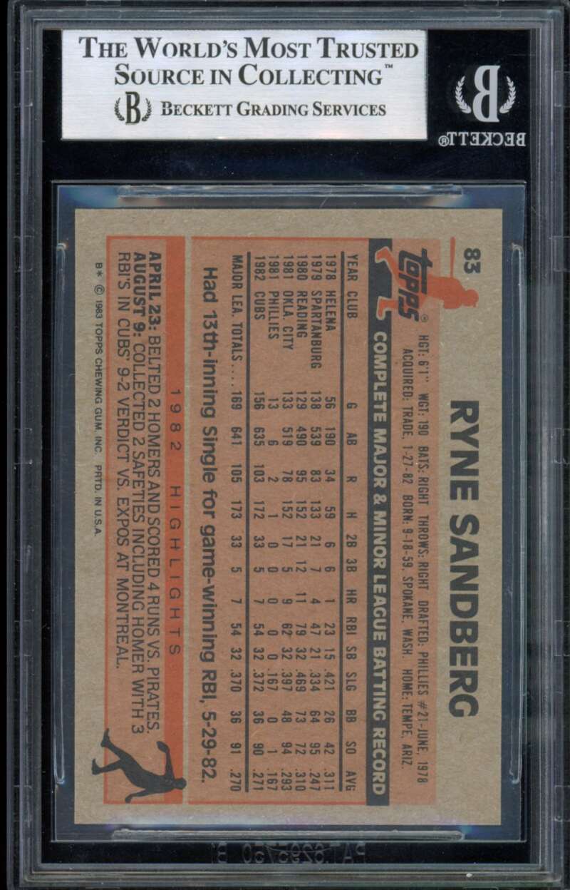 Ryne Sandberg Rookie Card 1983 Topps #83 BGS 8.5 Image 2