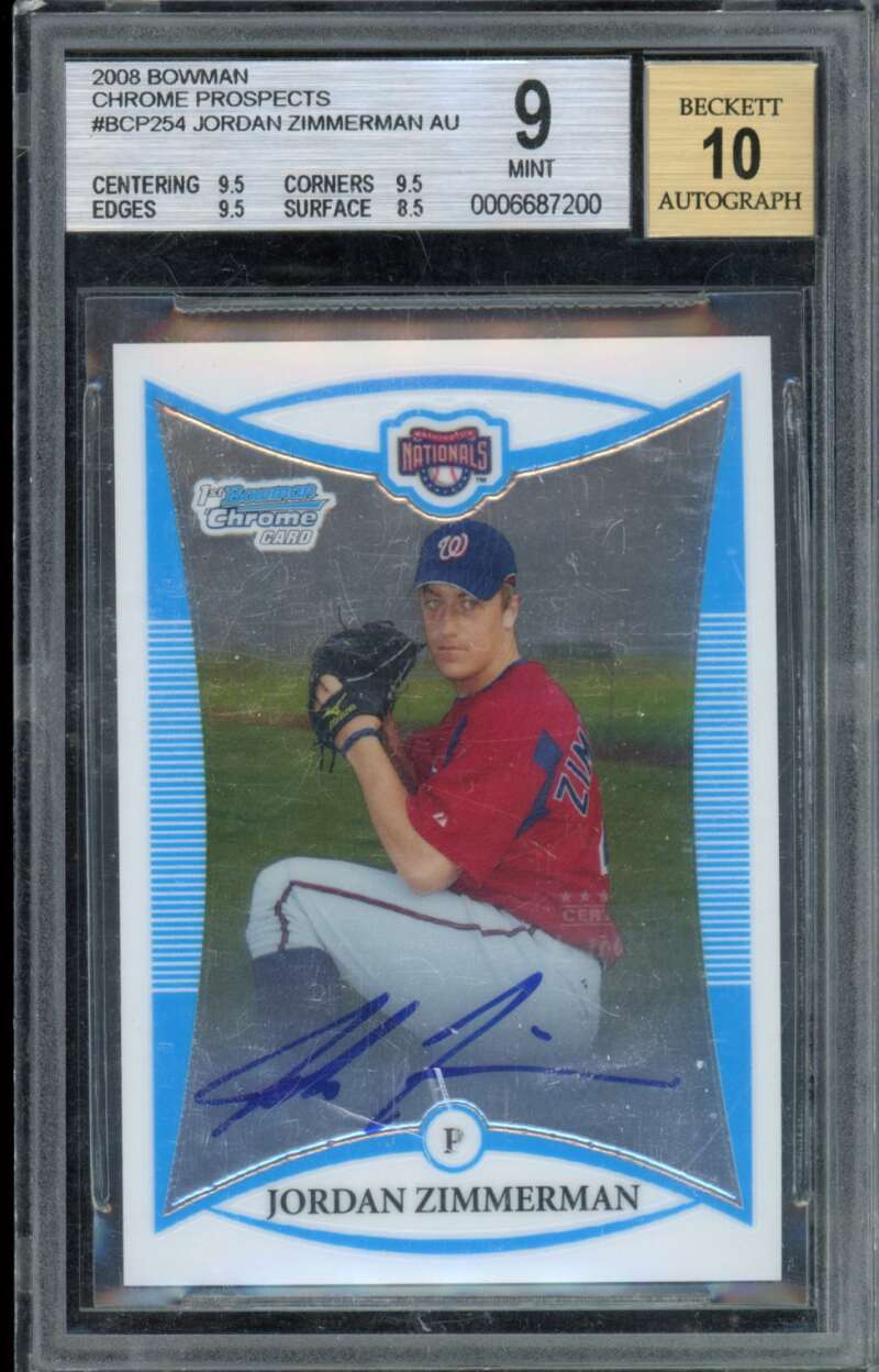Jordan Zimmermann Rookie Card 2008 Bowman Chrome Prospects AU #BCP254 BGS 9 Image 1