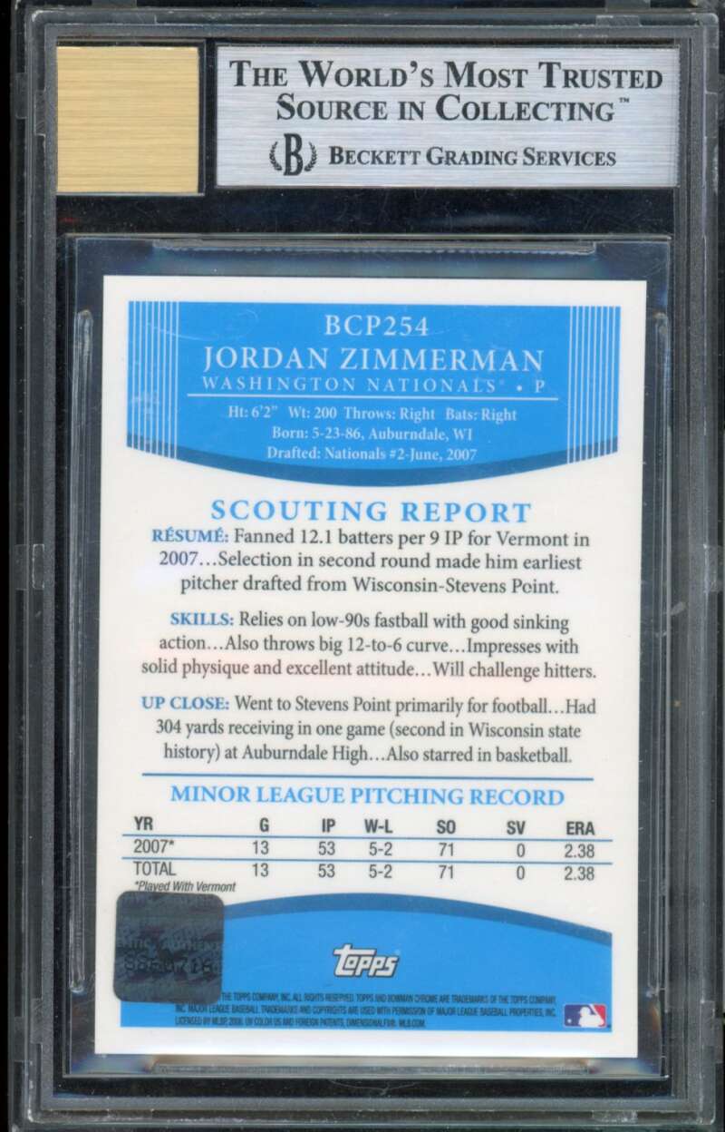 Jordan Zimmermann Rookie Card 2008 Bowman Chrome Prospects AU #BCP254 BGS 9 Image 2