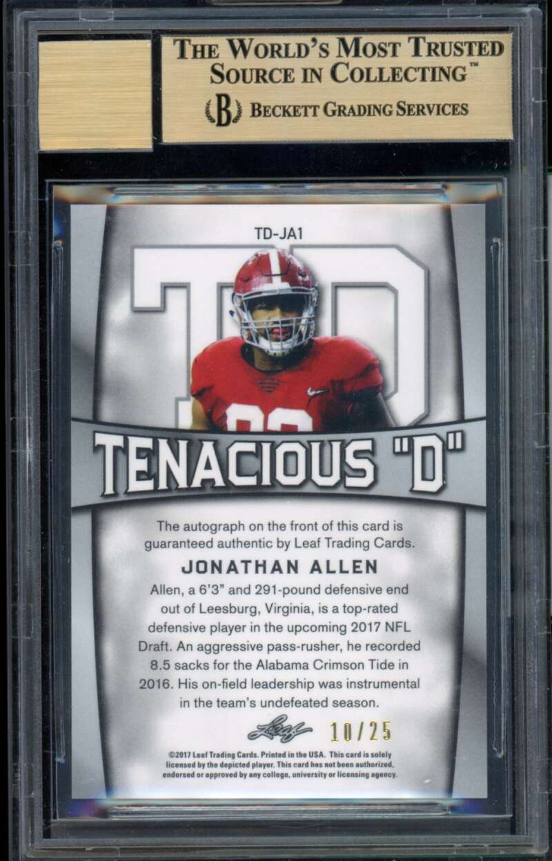 Jonathan Allen Rookie 2017 Leaf Valiant Tenacious D Orange (10/25) #1 BGS 9.5 Image 2