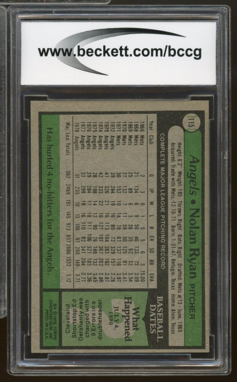 1979 Topps #115 Nolan Ryan Card BGS BCCG 8 Excellent+ Image 2
