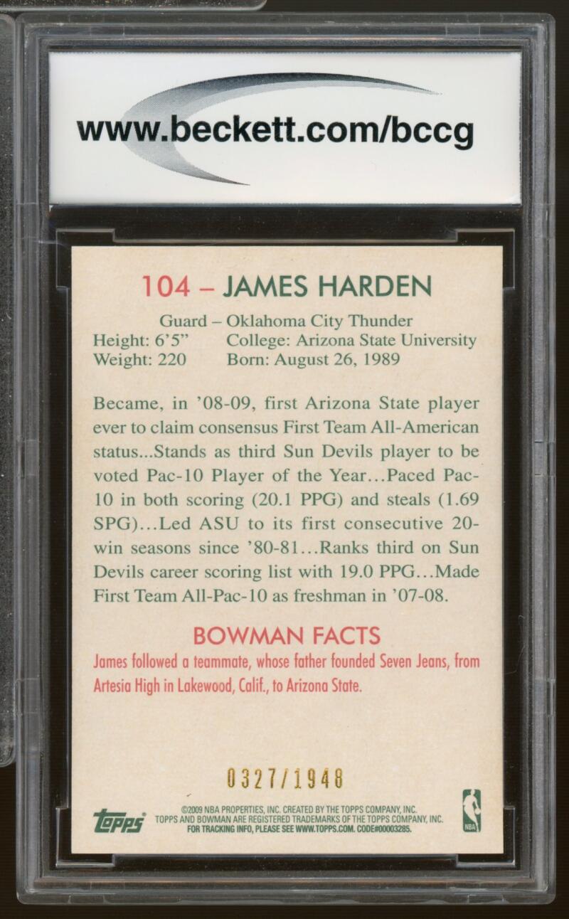 2009-10 Bowman 48 Blue #104 James Harden Rookie Card BGS BCCG 10 Mint+ Image 2