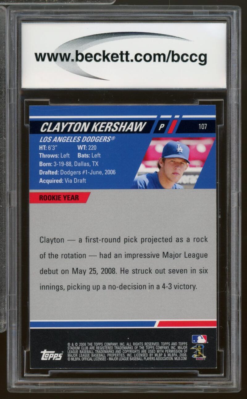 2008 stadium club #107a CLAYTON KERSHAW los angeles dodgers rookie BGS BCCG 10 Image 2