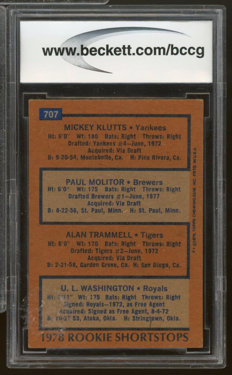 1978 Topps #707 Alan Trammell / Paul Molitor Rookie Card BGS BCCG 8 Excellent+ Image 2