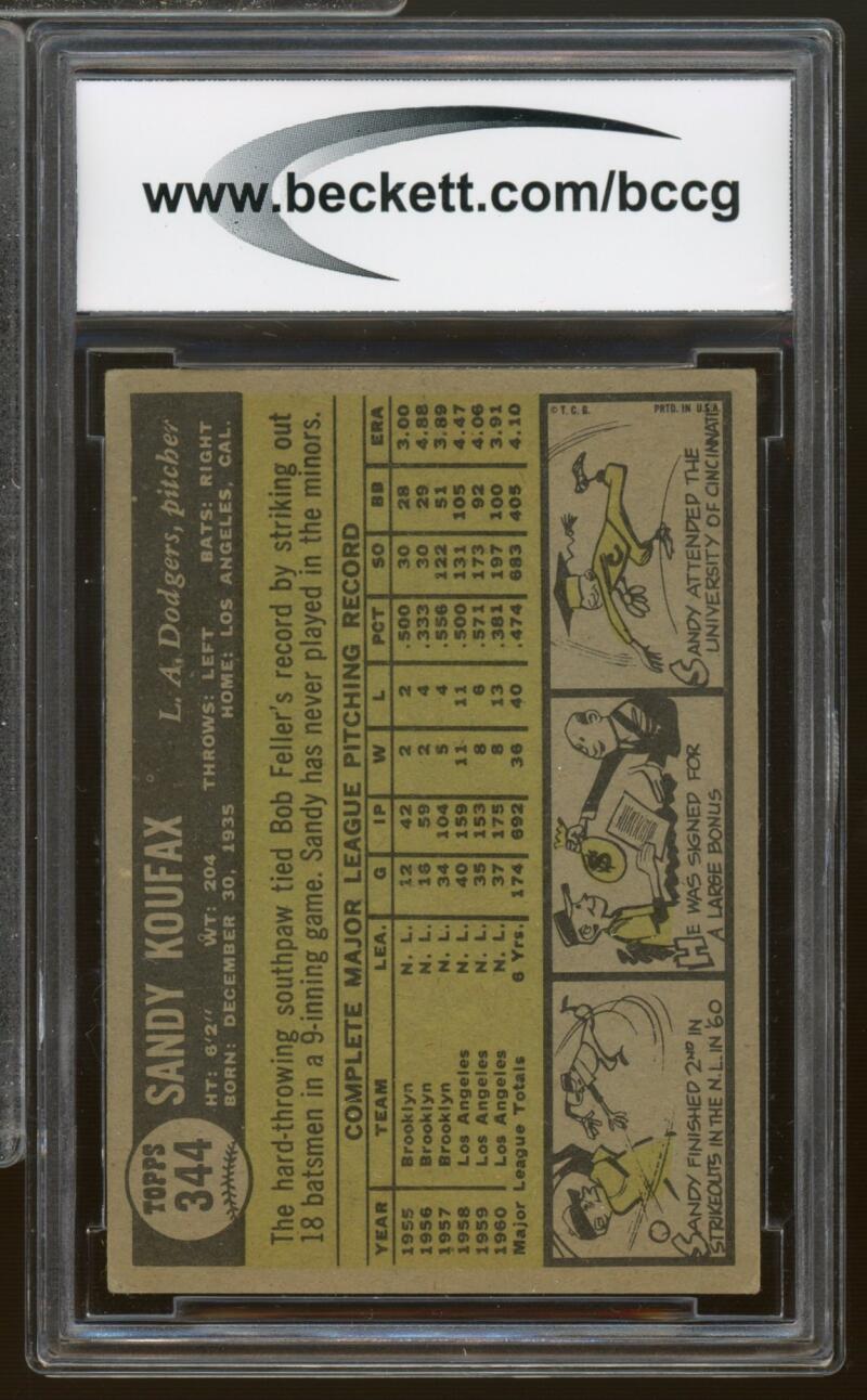 1961 Topps #344 Sandy Koufax Card BGS BCCG 8 Excellent+ Image 2