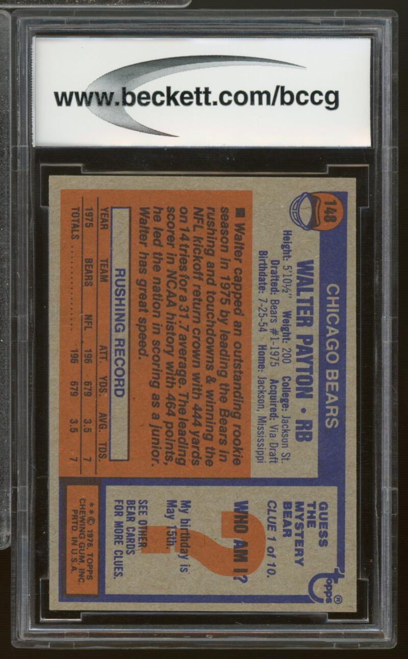 1976 Topps #148 Walter Payton Rookie Card BGS BCCG 9 Near Mint+ Image 2