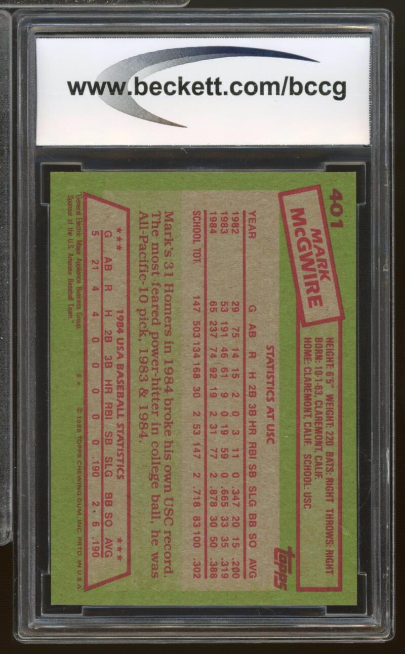 1985 Topps #401 Mark McGwire Rookie Card BGS BCCG 10 Mint+ Image 2