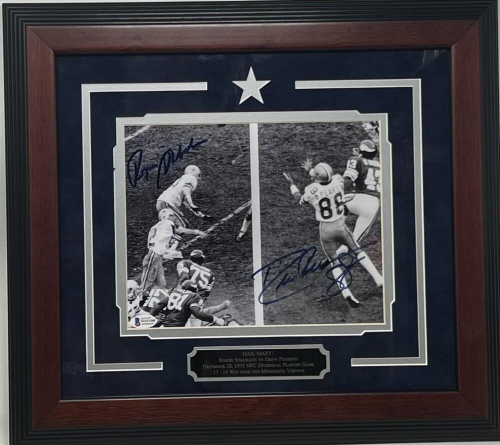 Cowboys Roger Staubach to Drew Pearson Hail Mary Autograph Framed Poster BAS Authentic Image 1