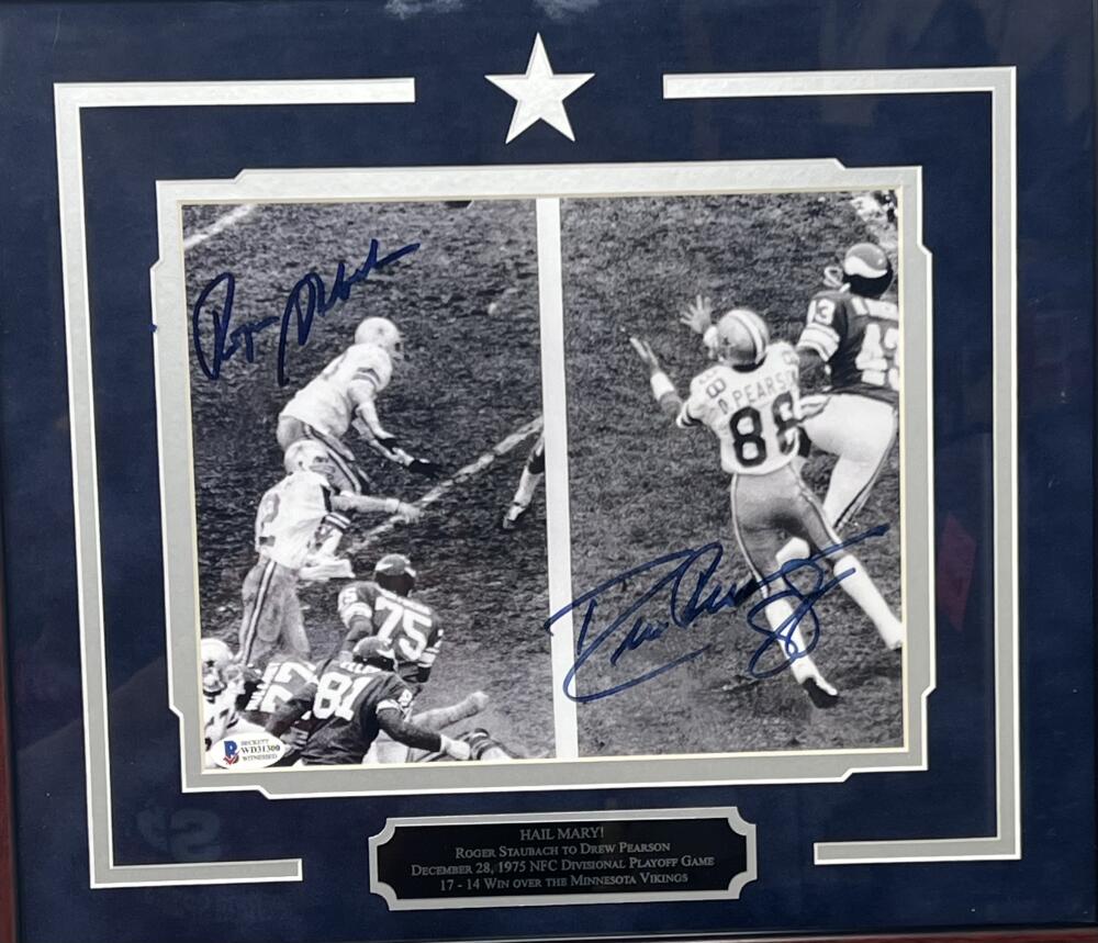 Cowboys Roger Staubach to Drew Pearson Hail Mary Autograph Framed Poster BAS Authentic Image 2