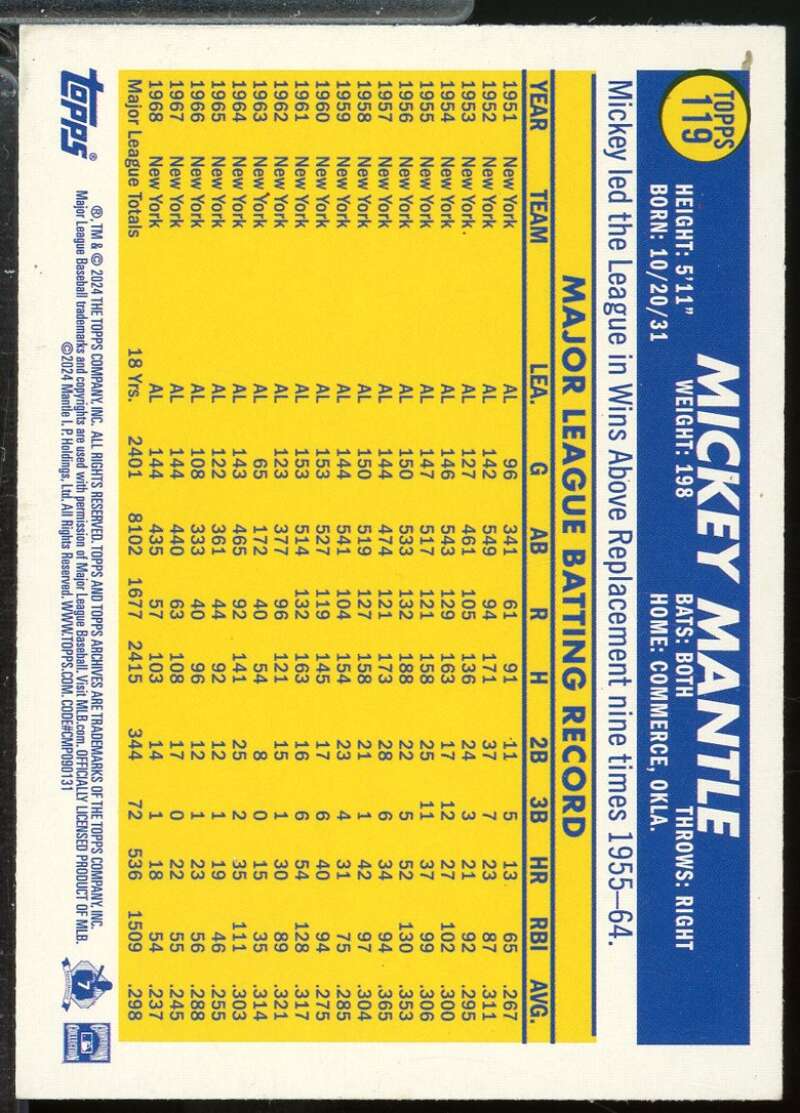 Mickey Mantle Card 2024 Topps Archives Yellow Foilboard #119  Image 2