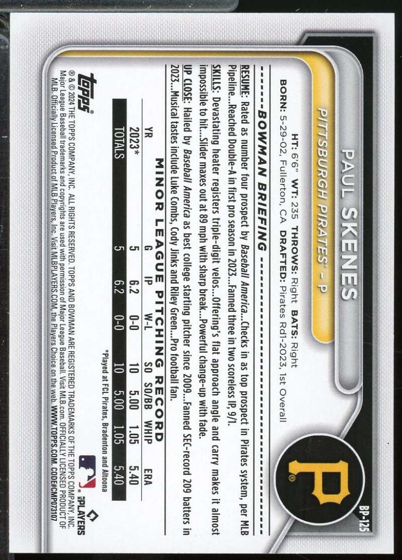 Paul Skenes Rookie Card 2024 Bowman Prospects Blue /150 #BP125  Image 2