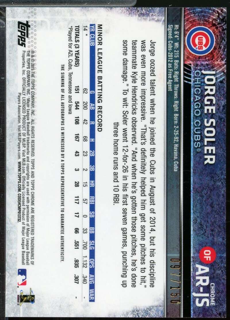Jorge Soler Rookie Card 2015 Topps Chrome Autographs Blue Refractors /150 #ARJS  Image 2