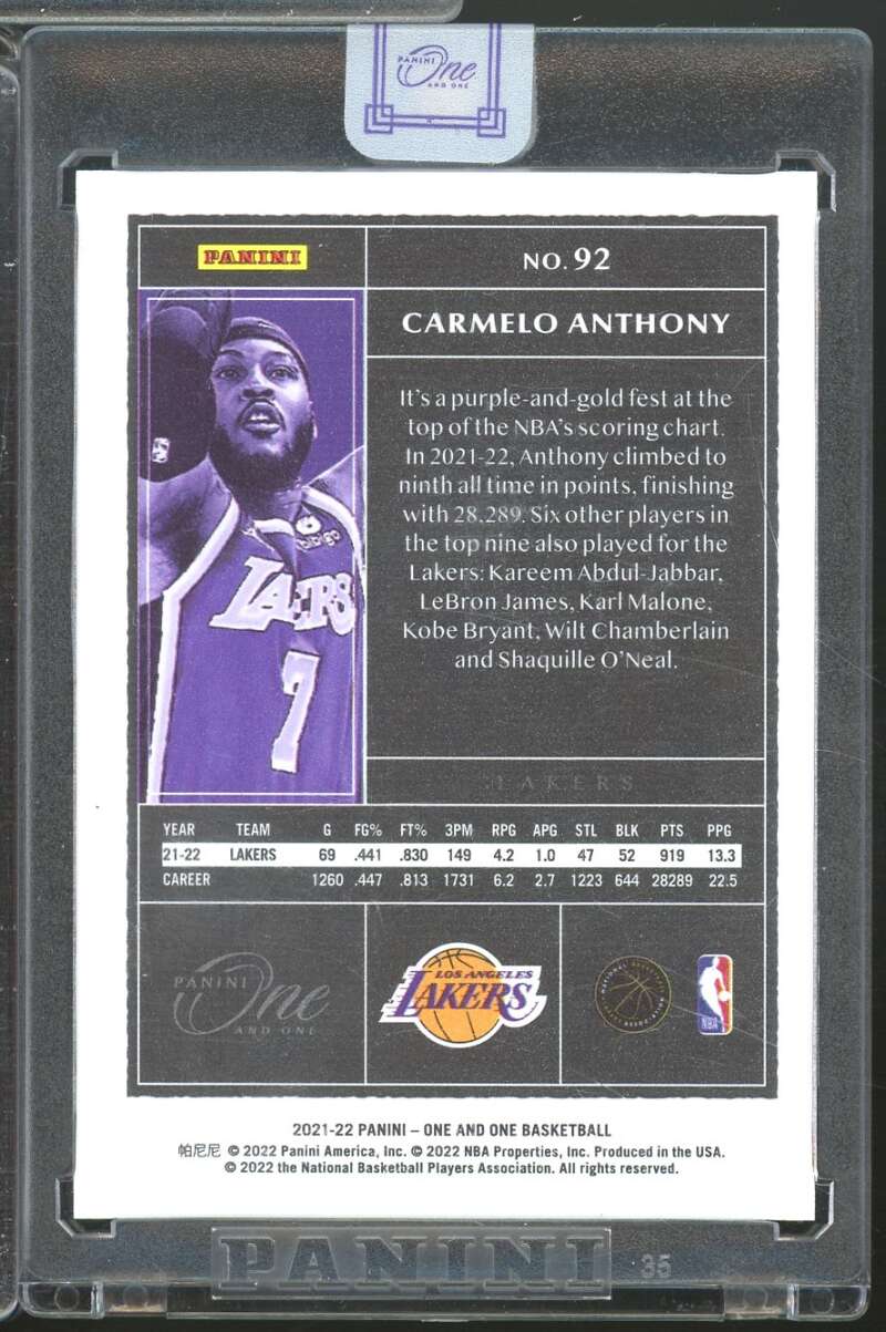 Carmelo Anthony Card 2021-22 Panini One and One /99 #92  Image 2